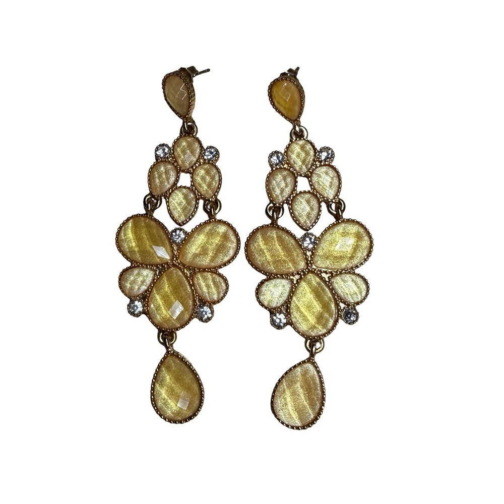 Gold Tone Yellow Cats Eye Chandelier Drop Earrings Rhinestone Statement Y2k